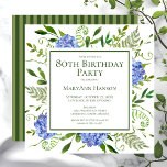 80th Birthday Blue Hydrangeas Floral Watercolor Invitation<br><div class="desc">This blue hydrangea 80th birthday party/brunch invitation is whimsical and stunning! With its watercolor multi-hued blue hydrangeas, wispy natural greenery, and coordinating green striped back it is perfect for your loved one turning eighty. By selecting Personalize this template and typing in your information you can see your gorgeous invitations in...</div>