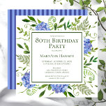 80th Birthday Blue Hydrangeas Floral Watercolor Invitation<br><div class="desc">This blue hydrangea 80th birthday party/bunch invitation is whimsical and stunning! With its watercolor multi-hued blue hydrangeas, wispy natural greenery, and coordinating blue striped back it is perfect for any young woman you love. By selecting Personalize this template and typing in your information you can see your gorgeous invitations in...</div>
