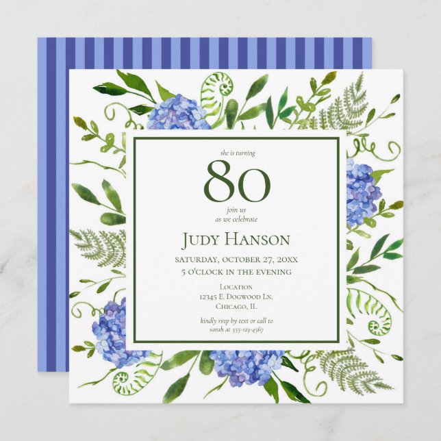 80th Birthday Blue Hydrangeas Invitation (Front/Back)