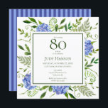 80th Birthday Blue Hydrangeas Invitation<br><div class="desc">This blue hydrangea 80th birthday party/bunch invitation is whimsical and stunning! With its watercolor multi-hued blue hydrangeas, wispy natural greenery, and coordinating blue striped back it is perfect for celebrating your wife, mom, sister, aunt, friend, grandmother. By selecting Personalize this template and typing in your information you can see your...</div>