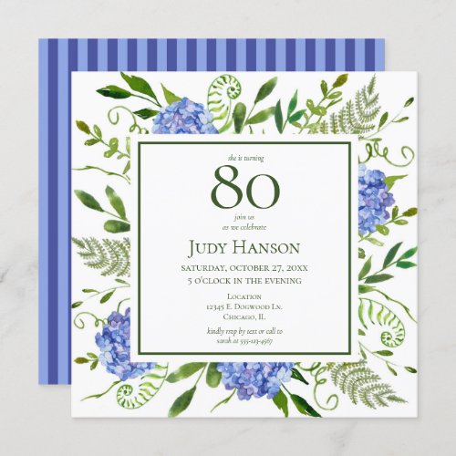 80th Birthday Blue Hydrangeas Invitation
