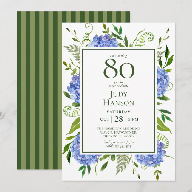 80th Birthday Blue Hydrangeas Invitation (Front/Back)