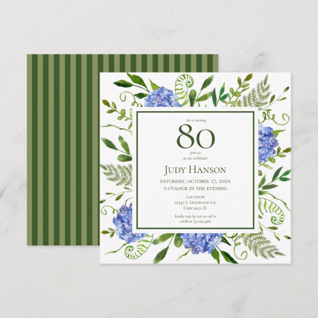 80th Birthday Blue Hydrangeas Invitation (Front/Back)
