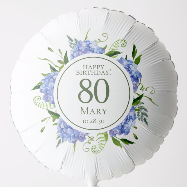 80th Birthday Blue Hydrangeas Large Balloon (Front)