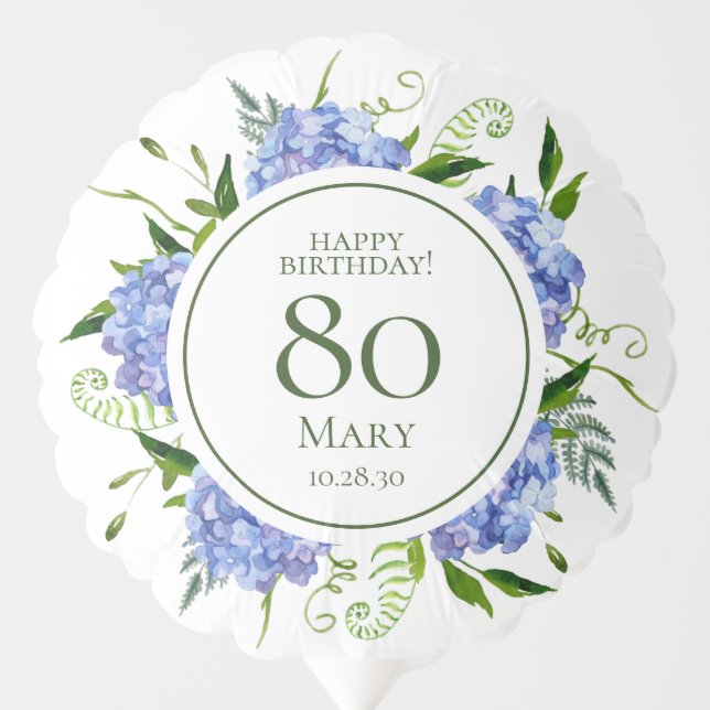 80th Birthday Blue Hydrangeas Medium Balloon (Front)
