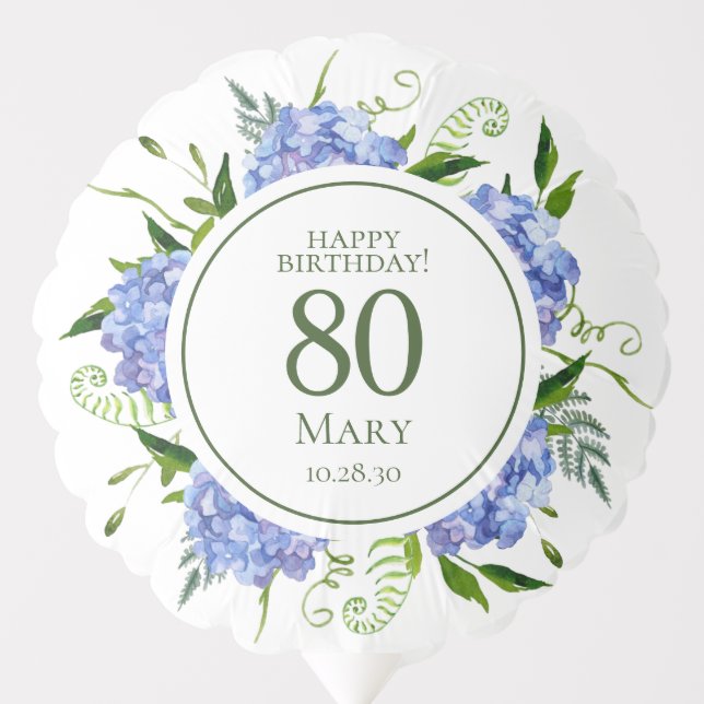 80th Birthday Blue Hydrangeas Medium Balloon (Front)