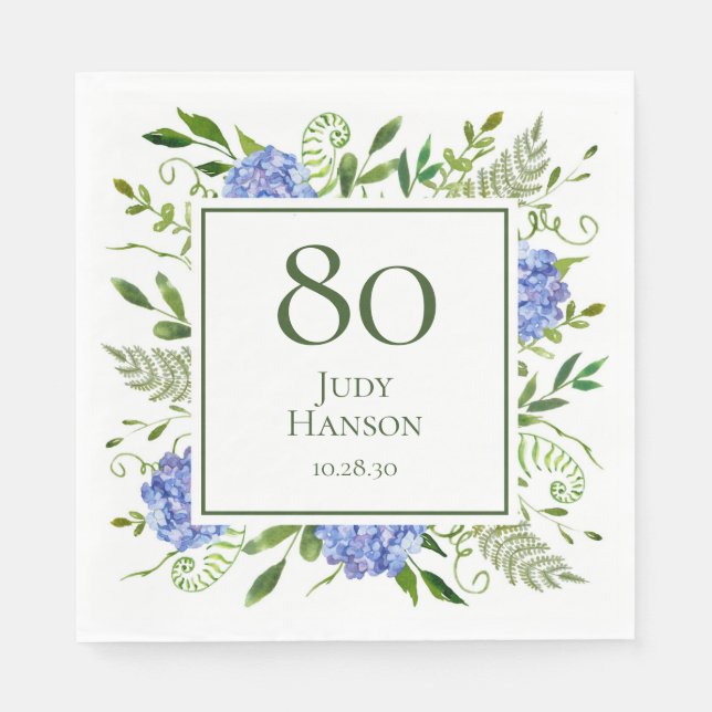80th Birthday Blue Hydrangeas Napkins (Front)