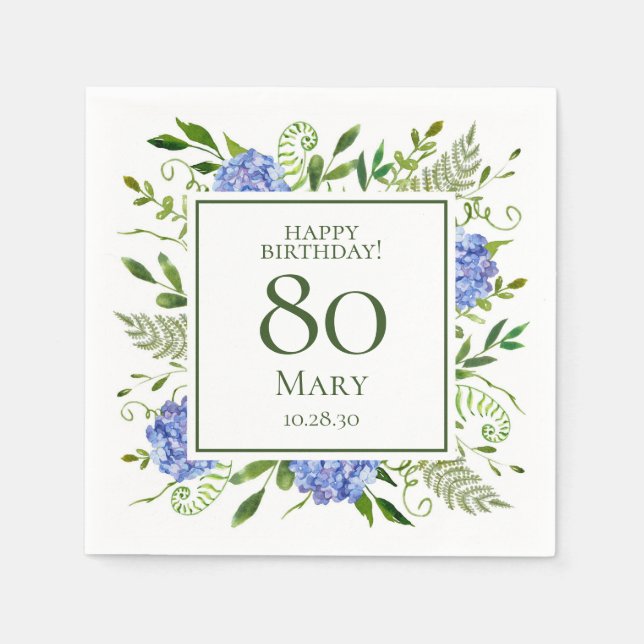 80th Birthday Blue Hydrangeas Napkins (Front)