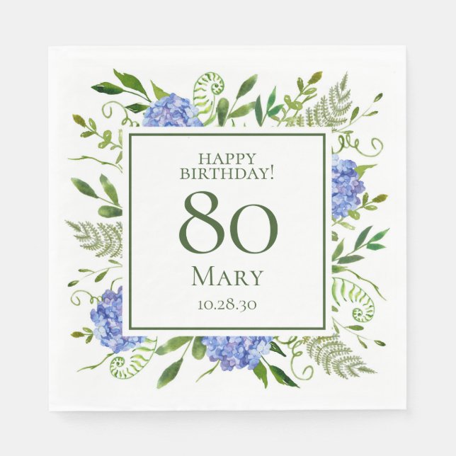 80th Birthday Blue Hydrangeas Napkins (Front)