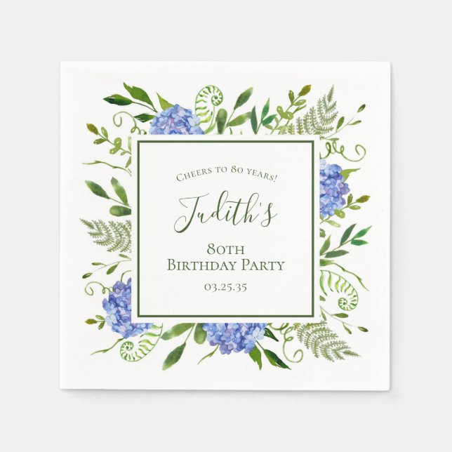 80th Birthday Blue Hydrangeas Napkins (Front)