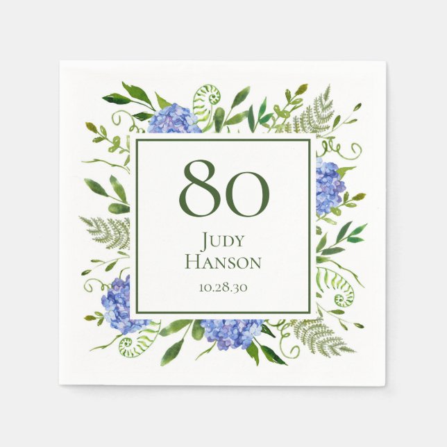 80th Birthday Blue Hydrangeas Napkins (Front)