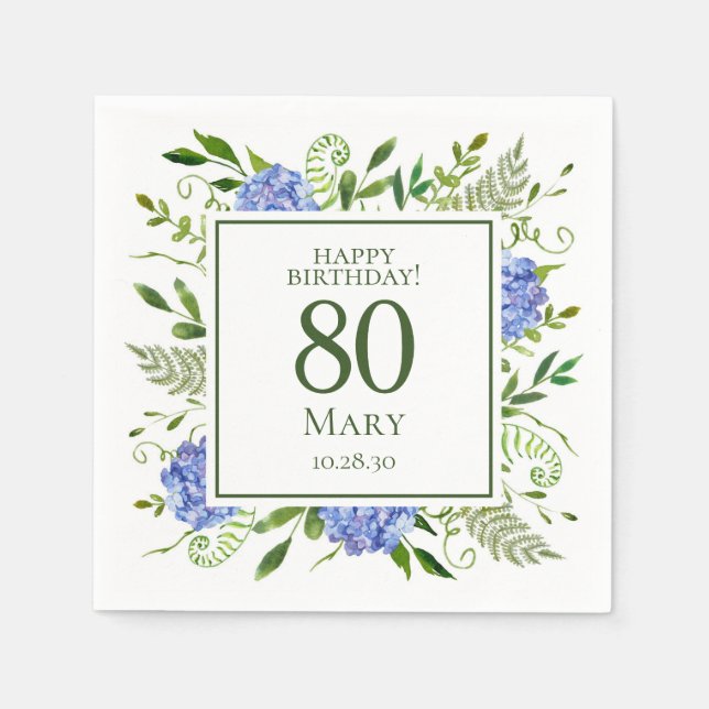 80th Birthday Blue Hydrangeas Napkins (Front)