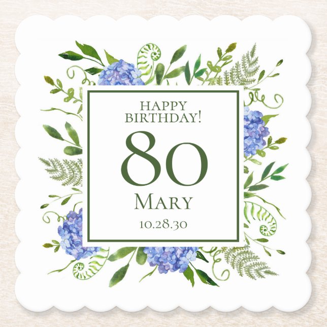 80th Birthday Blue Hydrangeas Paper Coaster (Front)