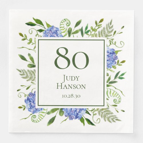 80th Birthday Blue Hydrangeas Paper Dinner Napkins