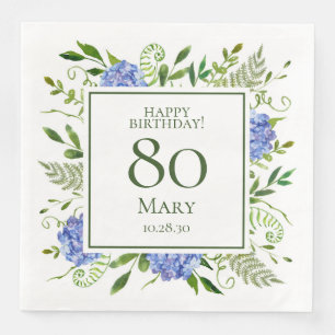 80th Birthday Blue Hydrangeas Paper Dinner Napkins