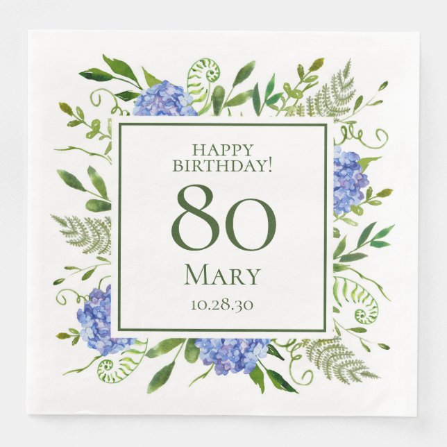 80th Birthday Blue Hydrangeas Paper Dinner Napkins (Front)