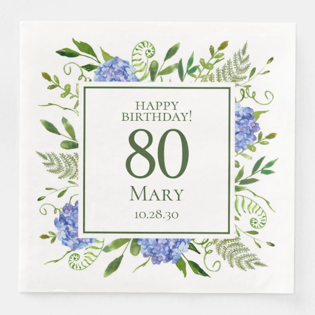 80th Birthday Blue Hydrangeas Paper Dinner Napkins (Front)