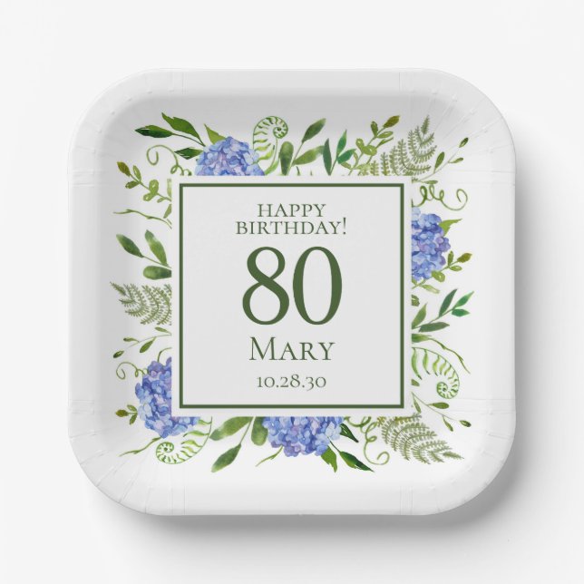 80th Birthday Blue Hydrangeas Paper Plates (Front)