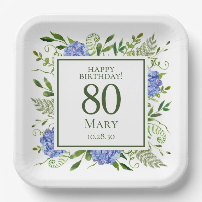 80th Birthday Blue Hydrangeas Paper Plates (Front)