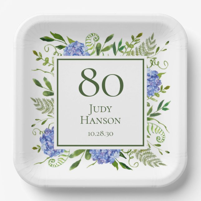80th Birthday Blue Hydrangeas Paper Plates (Front)