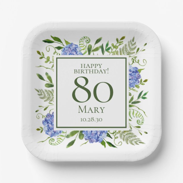 80th Birthday Blue Hydrangeas Paper Plates (Front)