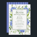 80th Birthday Blue Hydrangeas Surprise Party Invitation<br><div class="desc">This stunning blue hydrangeas 80th birthday surprise party invitation is perfect for celebrating your loved one. With its watercolor multi-hued blue hydrangeas, wispy natural greenery, and coordinating blue striped back it is ideal for celebrating your mom, aunt, sister, friend, grandmother. Everyone will love joining you as you celebrate this huge...</div>
