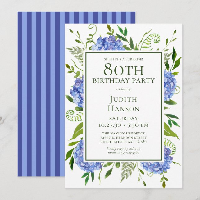 80th Birthday Blue Hydrangeas Surprise Party Invitation (Front/Back)