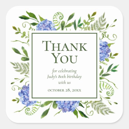 80th Birthday Blue Hydrangeas Thank You Square Sticker