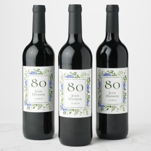 80th Birthday Blue Hydrangeas Wine Label