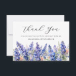 80th Birthday Blue July Birth Flower Custom Flat Thank You Card<br><div class="desc">Elegant blue larkspur flowers create a pretty flat birthday thank you card. Larkspur or delphinium wildflowers are the July Birth Flower. So this is a perfect floral design for a July birthday. Open and airy script spells thank you. Two lines of text let you personalize a thank you statement and...</div>