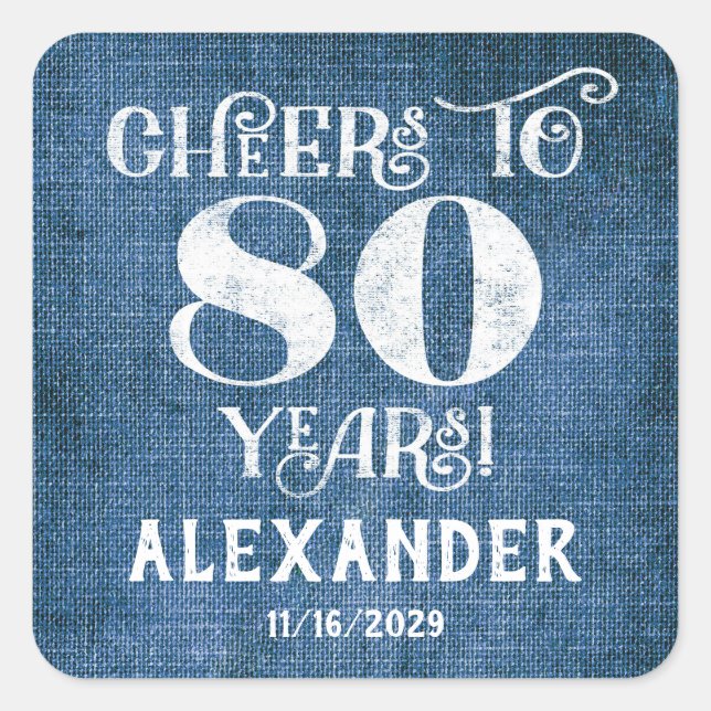 80th Birthday Blue Linen Thank You Favor Stickers (Front)