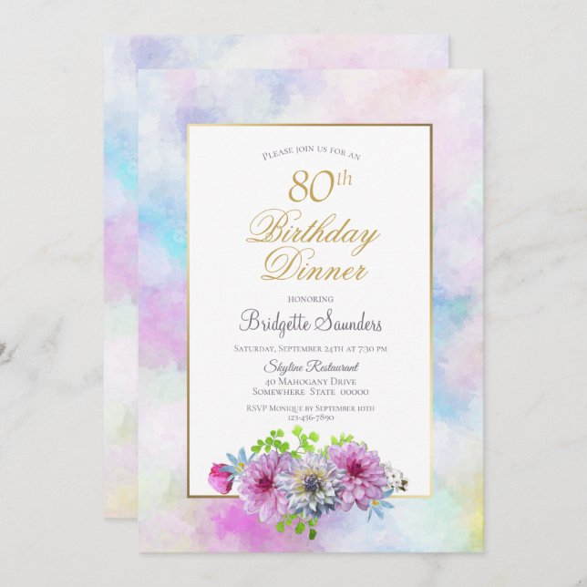 80th Birthday  Blue Pink Floral Pastel Dinner Invitation (Front/Back)