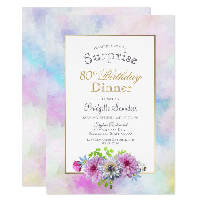 80th Birthday Blue Pink Floral Surprise Dinner Invitation | Zazzle.com