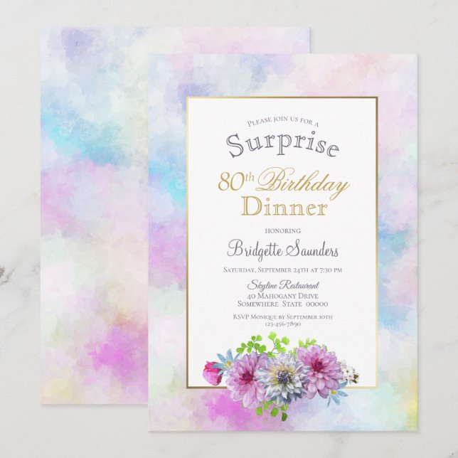80th Birthday Blue Pink Floral Surprise Dinner Invitation (Front/Back)