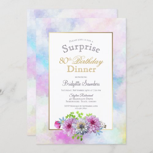 80th Birthday Blue Pink Floral Surprise Dinner Invitation