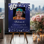 80th Birthday blue silver stars photo welcome Foam Board<br><div class="desc">A welcome board for a 80th birthday party.  A navy blue background with elegant faux silver stars. The blue color is uneven.  Personalize and add a photo,  name and text.  White letters. 
Back: no design</div>