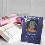 80th Birthday blue silver stars photo welcome Pedestal Sign<br><div class="desc">A welcome sign for a 80th birthday party.  A navy blue background with elegant faux silver stars. The blue color is uneven.  Personalize and add a photo,  name and text.  White letters. 
Back: no design</div>