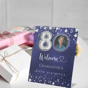80th Birthday blue silver stars photo welcome Pedestal Sign