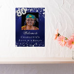80th Birthday blue silver stars photo welcome Poster<br><div class="desc">A welcome poster for a 80th birthday party.  A navy blue background with elegant faux silver stars. The blue color is uneven.  Personalize and add a photo,  name and text.  White letters. 
Back: no design</div>