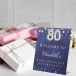 80th Birthday blue silver stars welcome party Pedestal Sign<br><div class="desc">A welcome sign for a 80th birthday party.  A navy blue background with elegant faux silver stars. The blue color is uneven.  Personalize and add a name and text.  White letters.</div>
