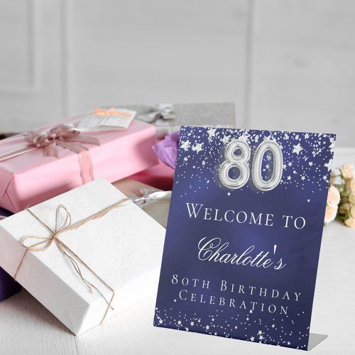 80th Birthday blue silver stars welcome party Pedestal Sign