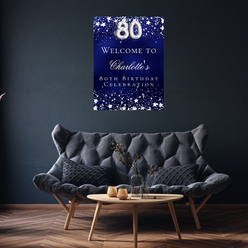 80th Birthday blue silver stars welcome party Poster