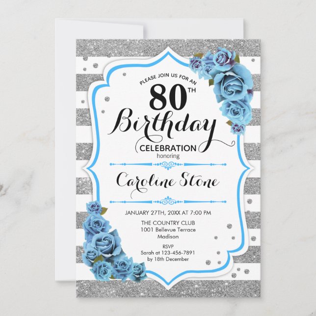 80th Birthday - Blue Silver White Stripes Invitation (Front)