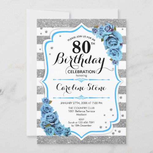 80th Birthday _ Blue Silver White Stripes Invitation