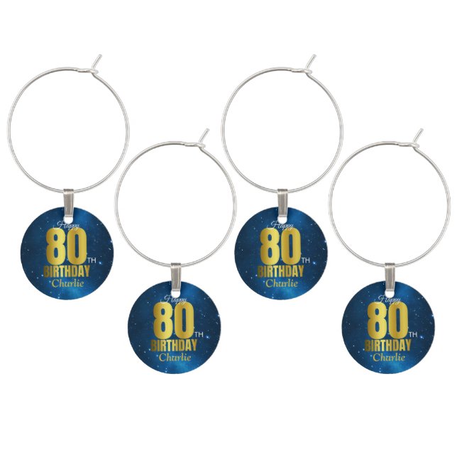 80th Birthday Blue Space Typography Wine Charm (Staggered)