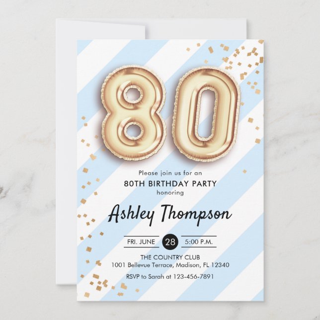 80th Birthday - Blue Stripes Gold Balloons Invitation (Front)