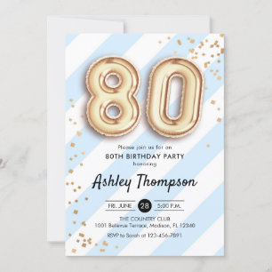 80th Birthday - Blue Stripes Gold Balloons Invitation