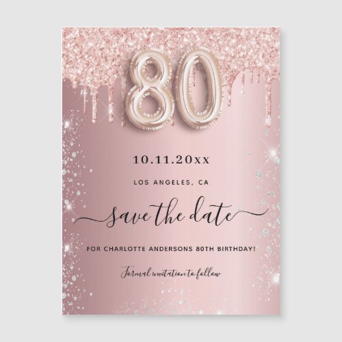 80th birthday blush glitter save the date magnet