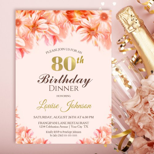 80th Birthday Blush Pink Gold Floral Dinner Party Invitation