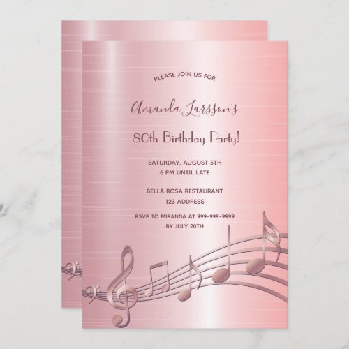 80th birthday blush pink music notes invitation